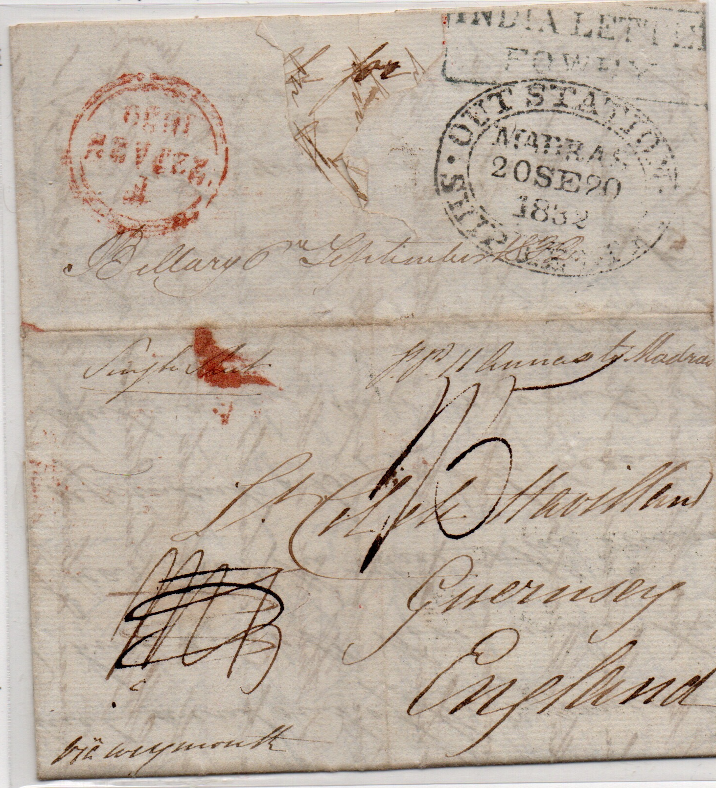20 September 1832 Bellary MN 1 pre stamp cover — COV-3474