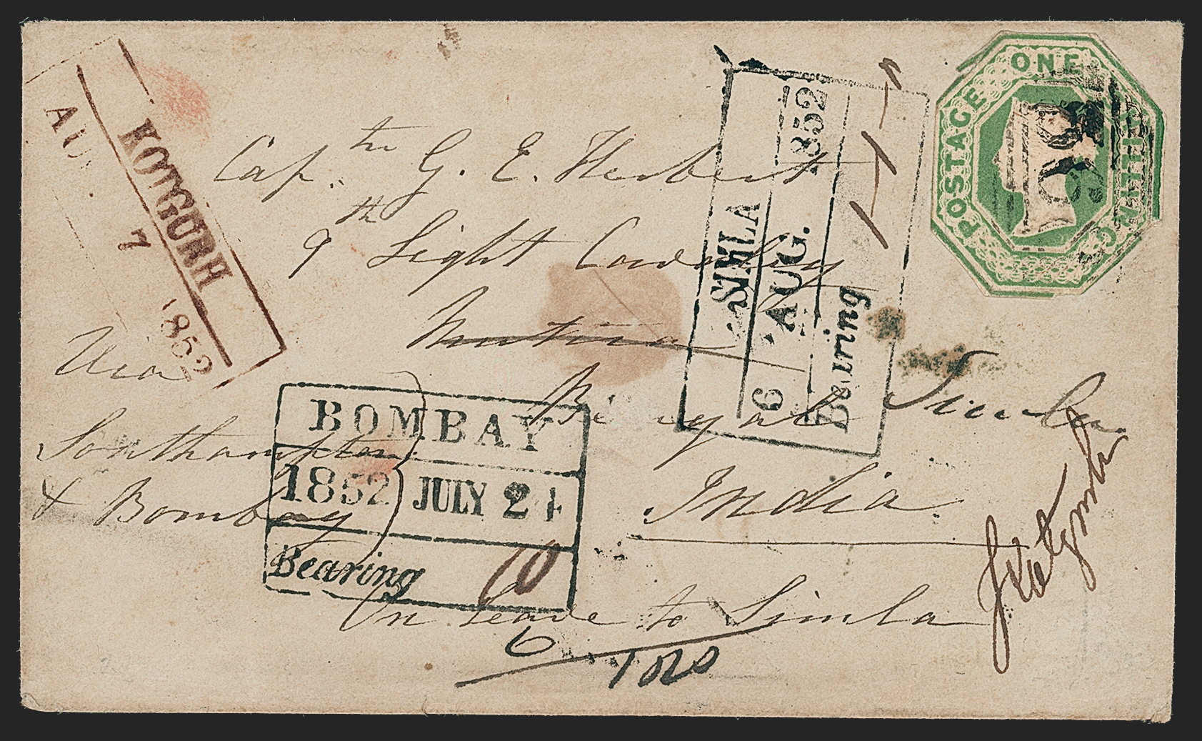 7 August 1852 Kotegurh HG 1 pre stamp cover — COV-2788