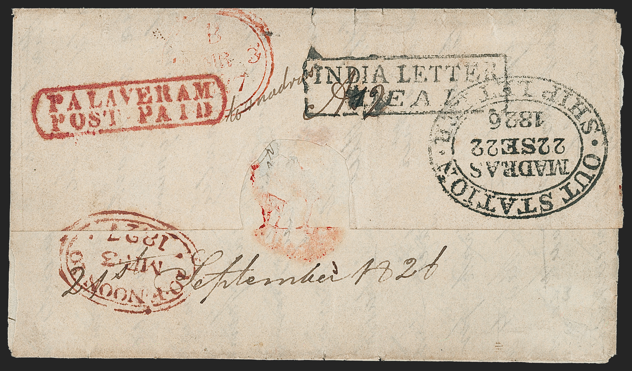 Pre-stamp cover of India — 21 September 1826, Palaveram HG 1 handstruck folded letter (COV-5309)