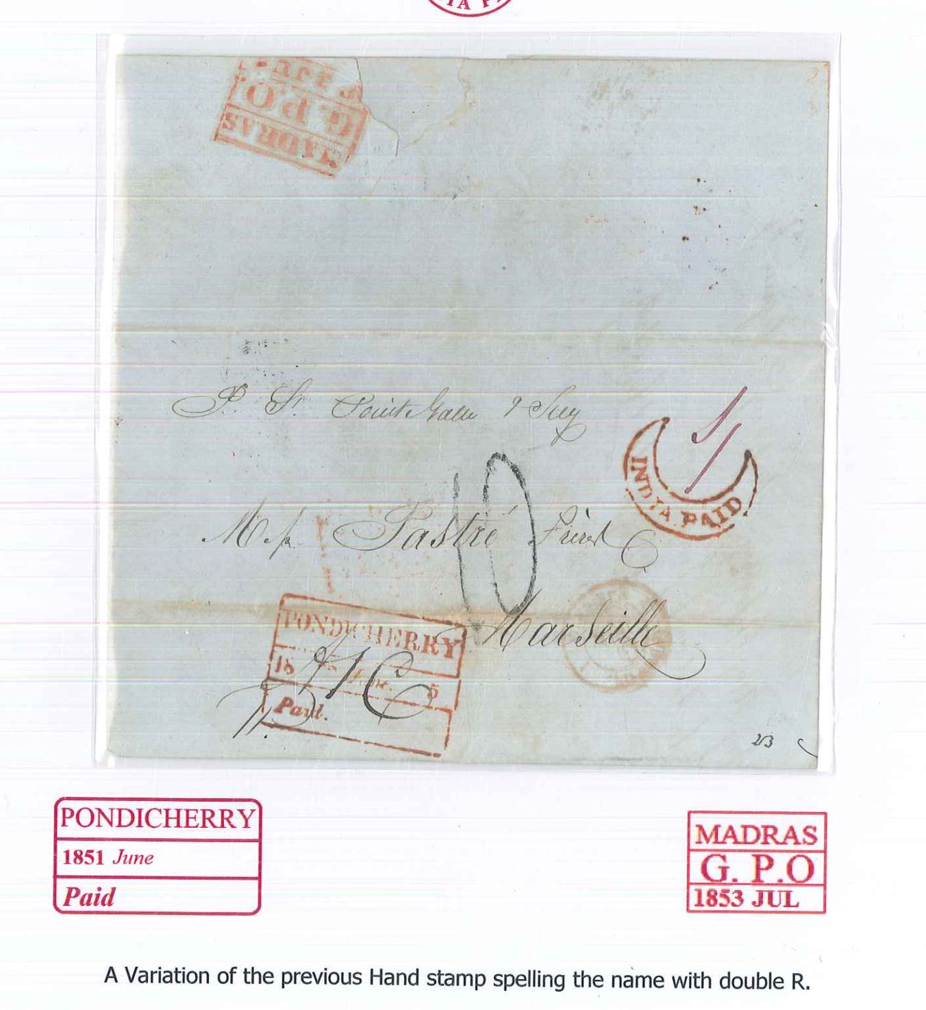 COV-2485 — 5 June 1851 Pondicherry HG 12 pre-stamp cover