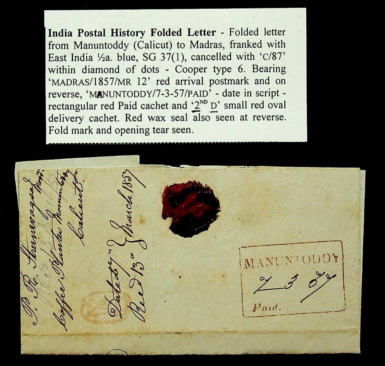 7 March 1857 Manuntaddy HG 2 pre stamp cover — COV-4450