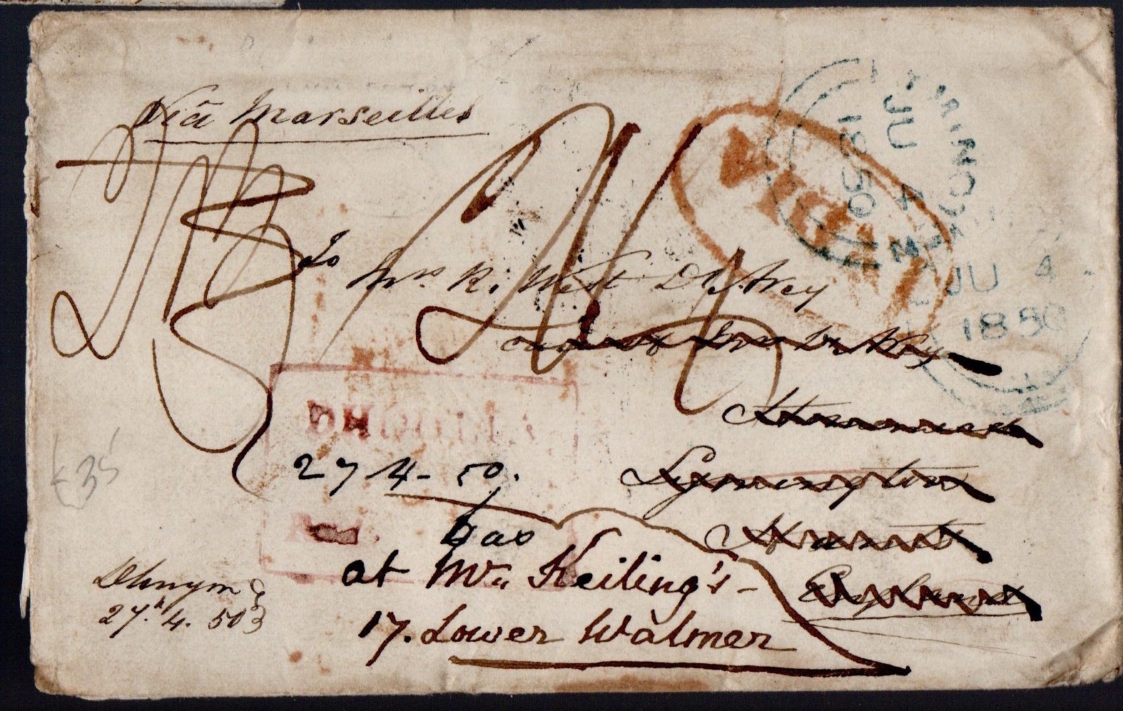 27 April 1850 Dhoolia HG 1 pre stamp cover — COV-2908