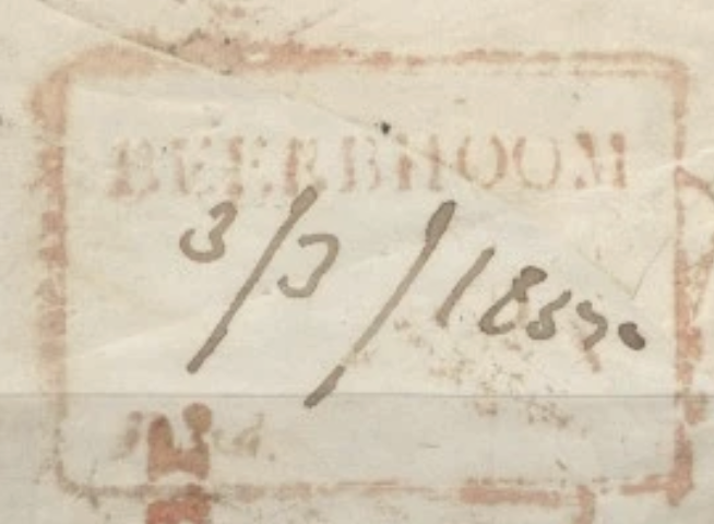 Handstruck stamp of India — Sooree (Beerbhoom) HG 1 pre-1854 handstamp, 1855, Red