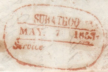 Handstruck stamp of India — Sobathoo HG 3 pre-1854 handstamp