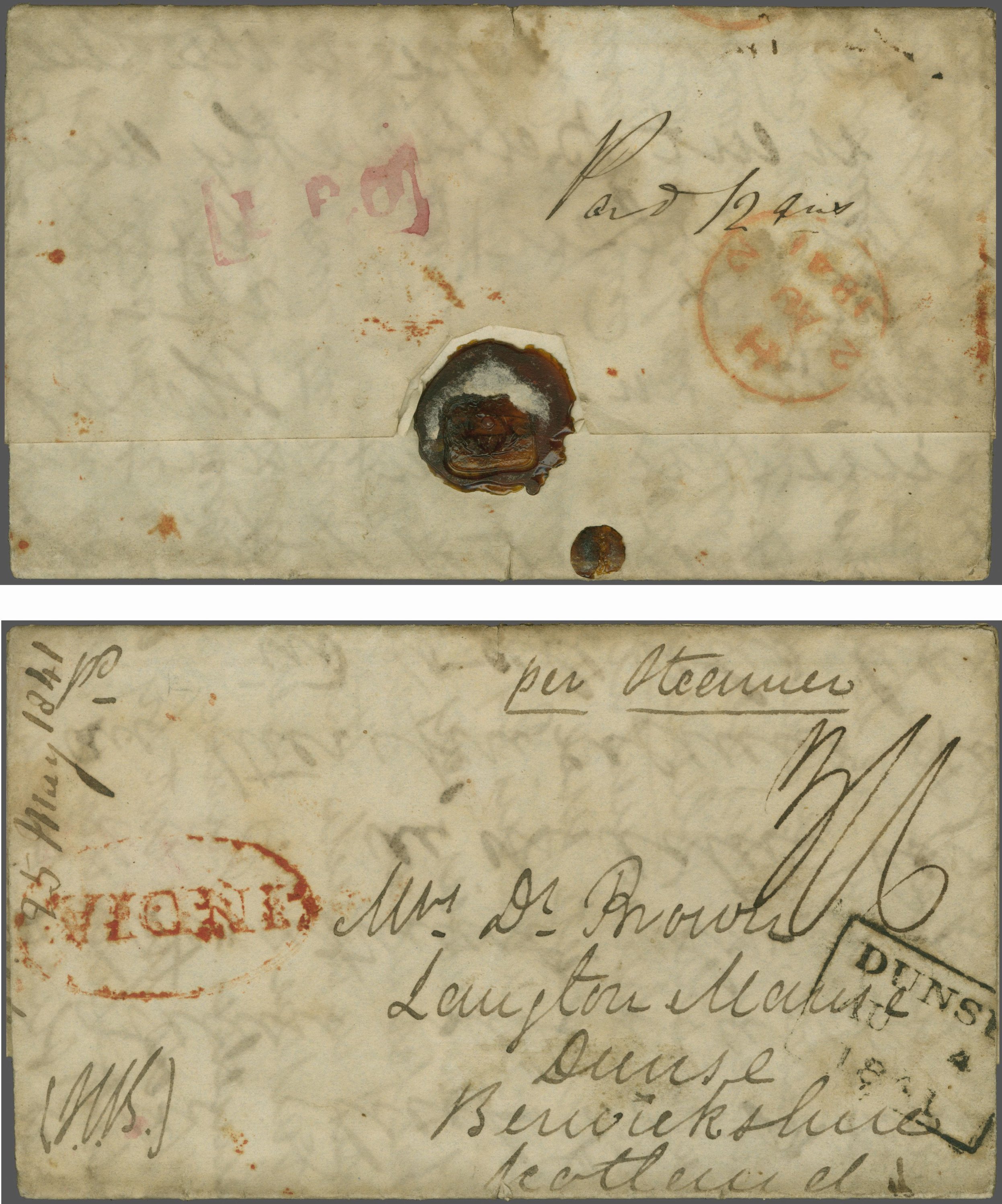 Pre-stamp cover of India — 25 May 1841, Lodianah HG 9 handstruck folded letter (COV-5112)