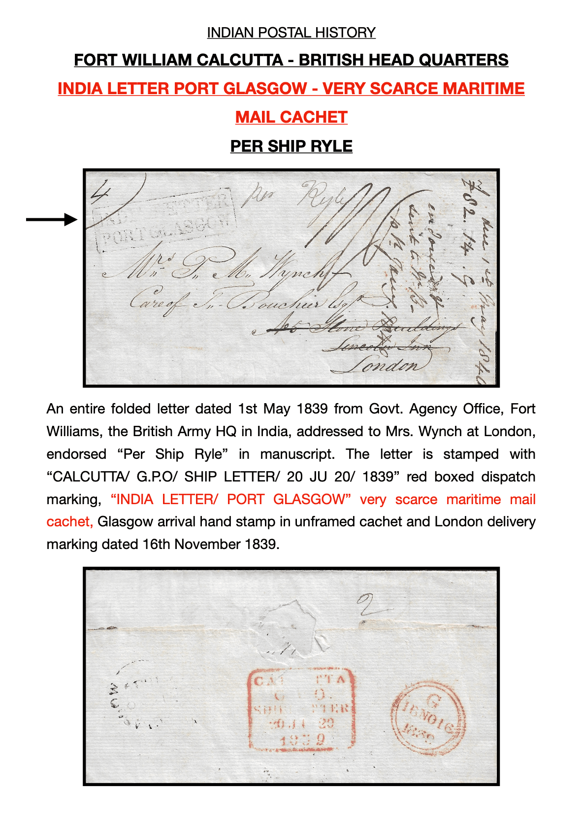 1839 Calcutta SD11 pre stamp cover — COV-3888