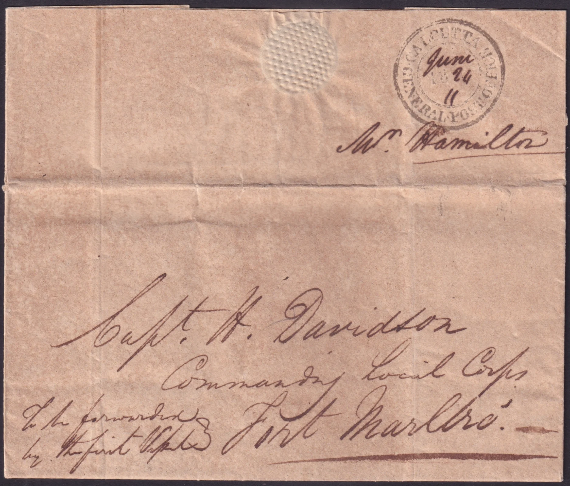 Calcutta SD8 pre stamp cover — back (COV-3111)